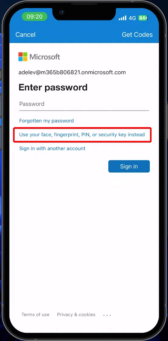 iOS authentication prompt during Outlook passkey sign-in