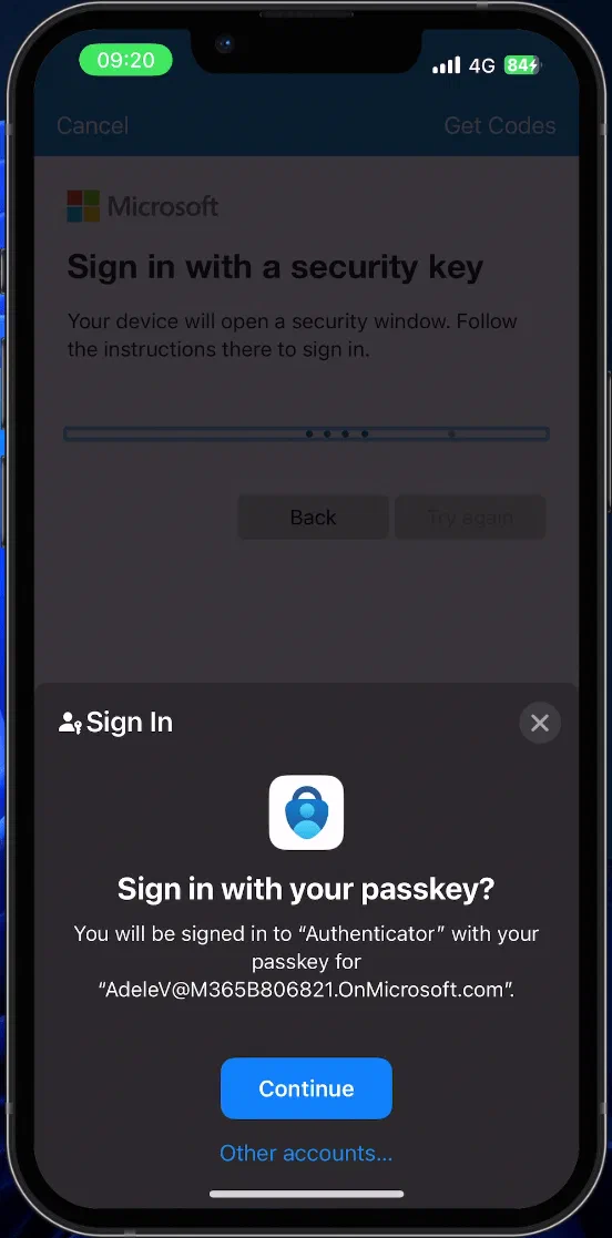 Outlook sign-in confirmation after authenticating with a passkey
