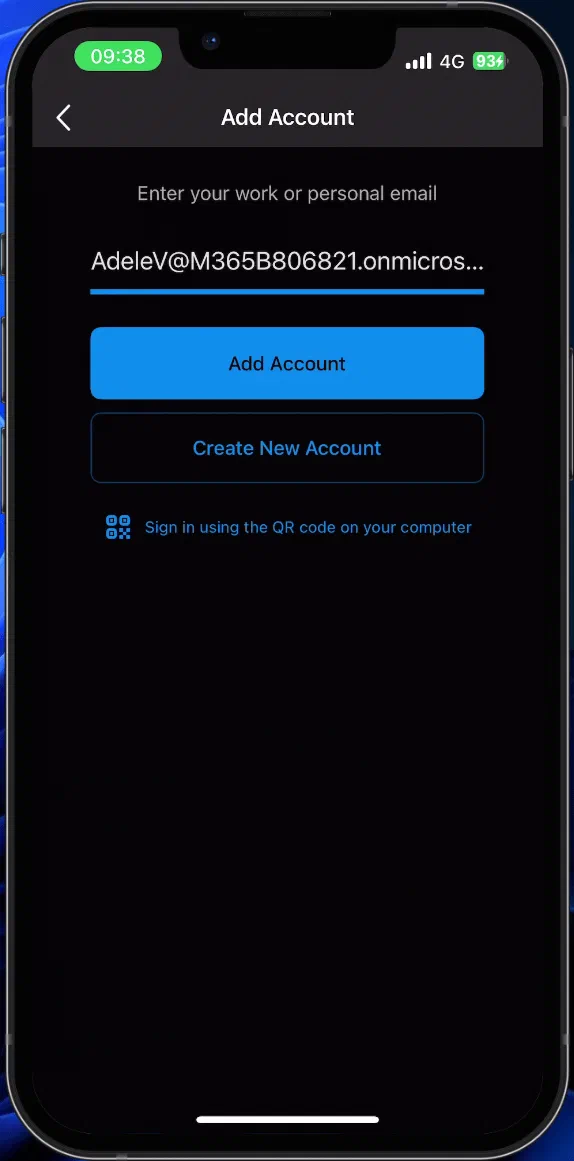 Outlook sign-in prompt offering passkey authentication on a mobile device