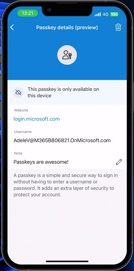 iPhone Password Options with AutoFill enabled and Microsoft Authenticator selected as a passkey provider