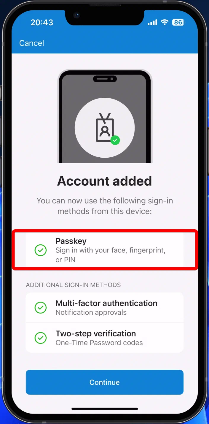 Microsoft Authenticator screen in the direct passkey registration flow