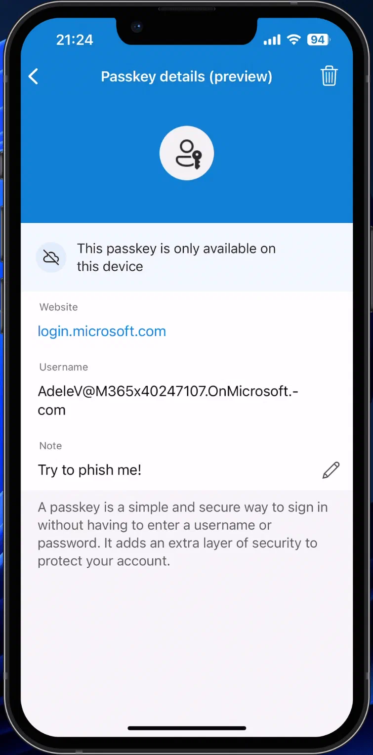 Microsoft Authenticator confirmation screen in the passkey-only registration flow