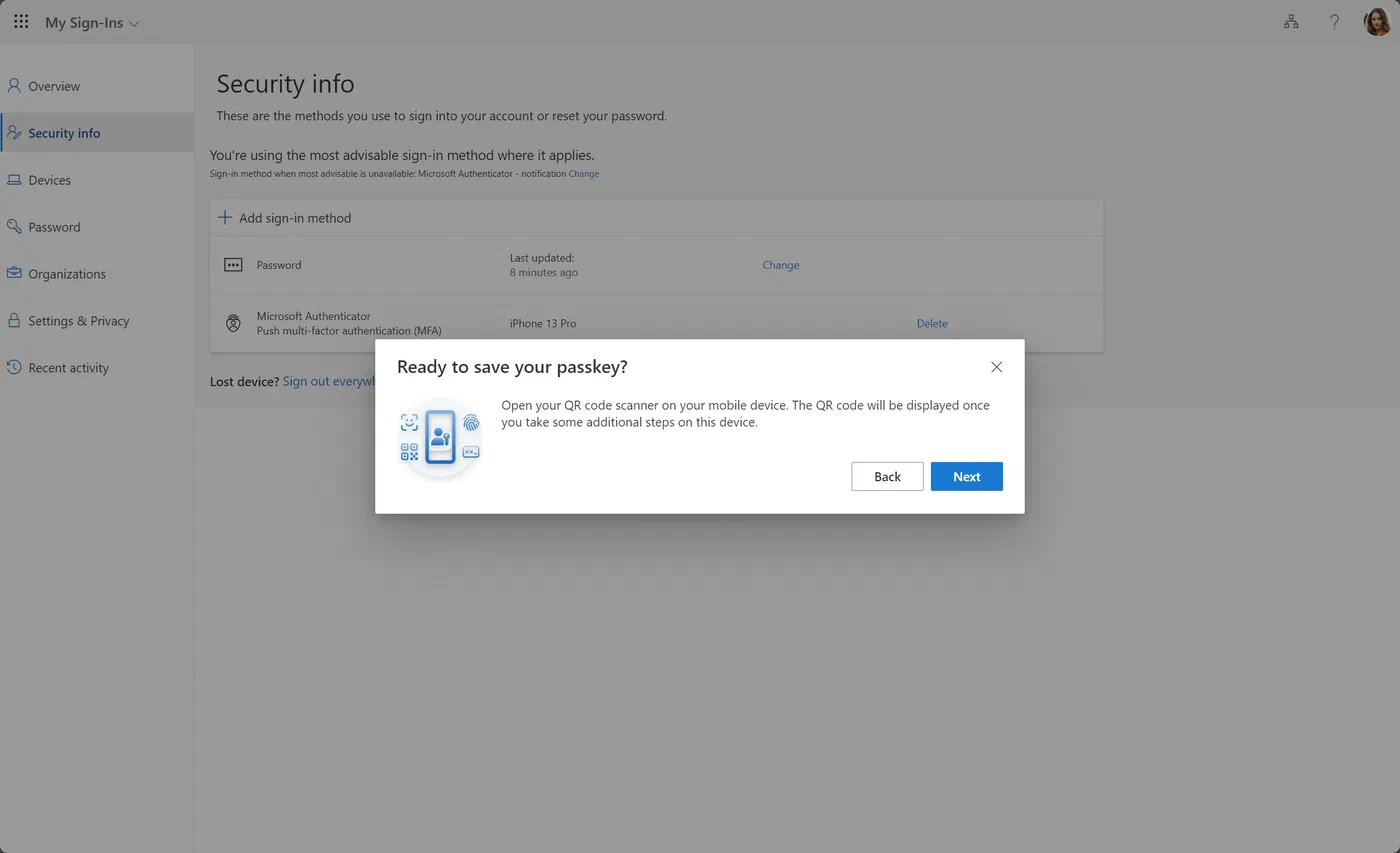 Prompt to add a passkey to Microsoft Authenticator