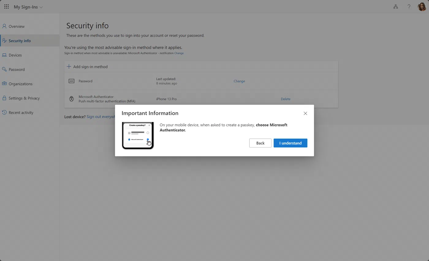 Passkey setup confirmation screen with the I understand option