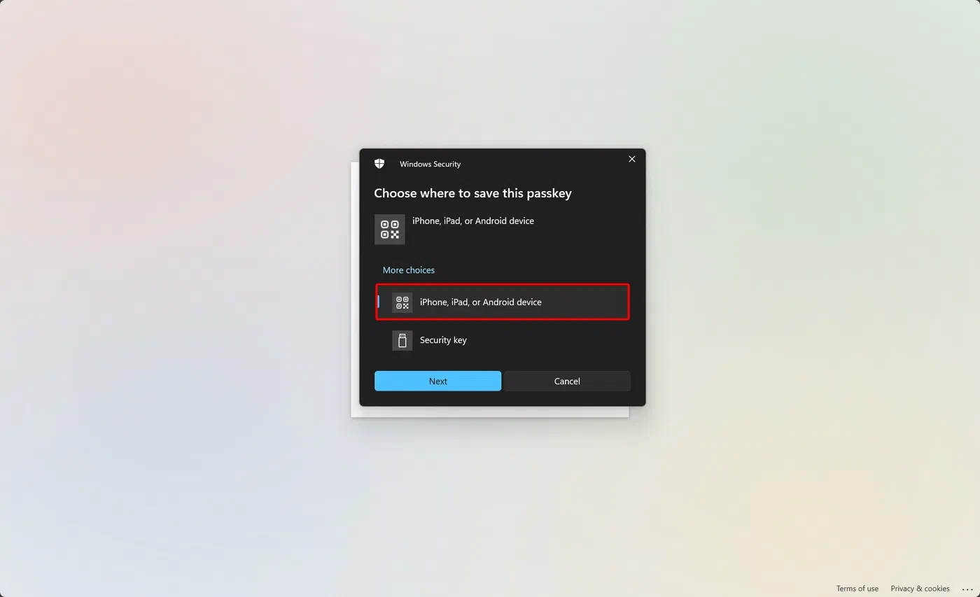 Windows prompt to save a passkey to a phone or tablet