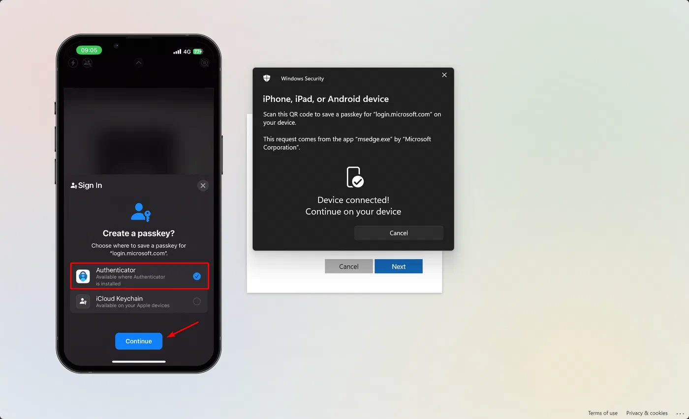 Phone prompt to continue with Microsoft Authenticator for passkey enrollment