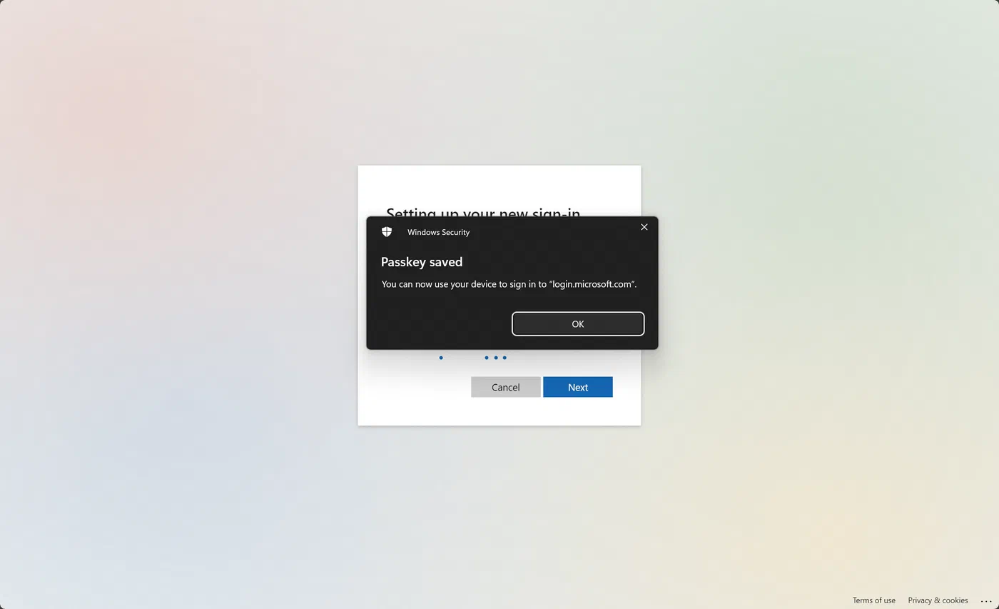 Confirmation that the passkey was saved