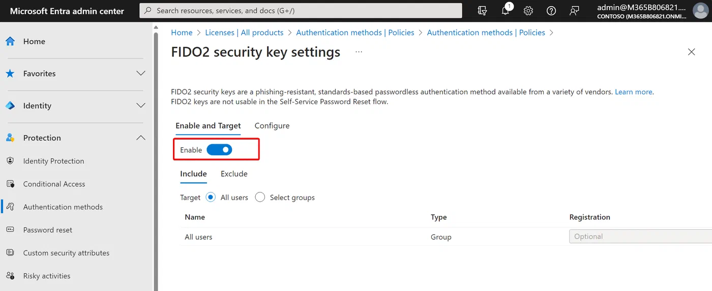 Entra admin center Passkey policy page with the policy enabled