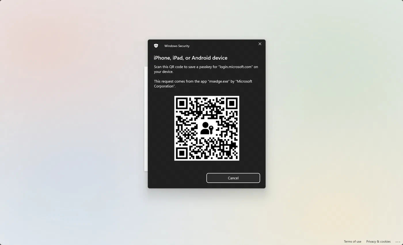 Passkey enrollment QR code ready to scan with a phone camera