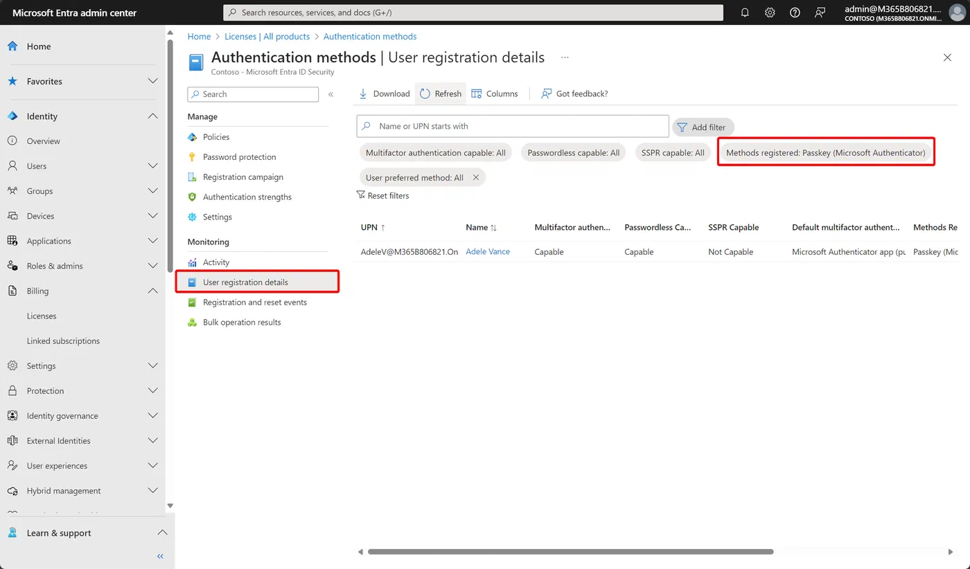 Entra admin center User registration details report showing passkey registrations
