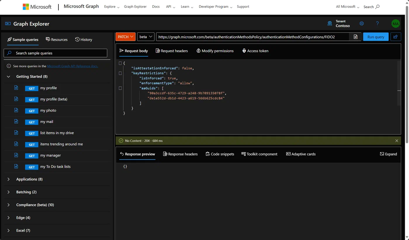 Graph Explorer request for configuring the Entra FIDO2 authentication methods policy