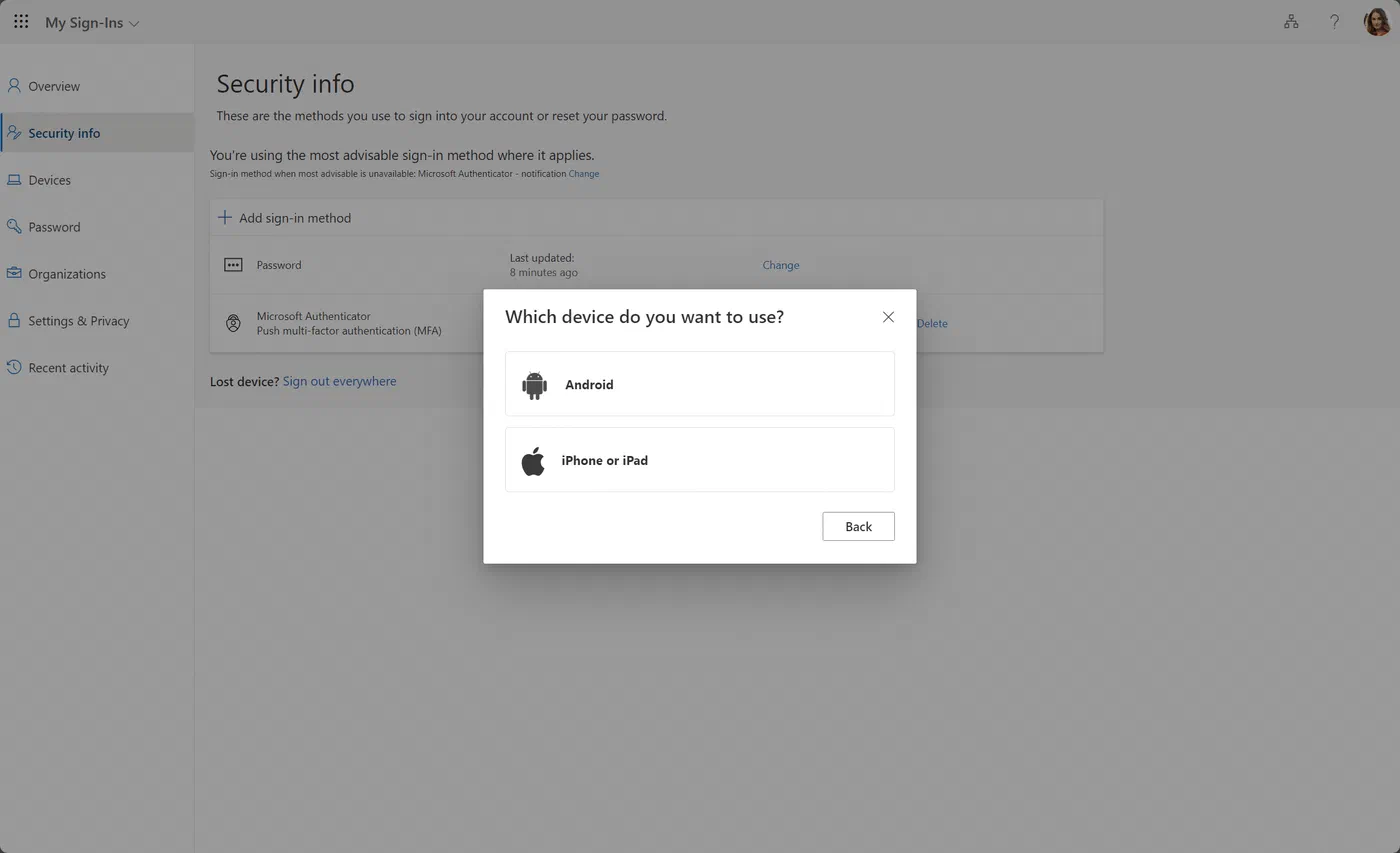 Passkey setup prompt to choose a mobile operating system