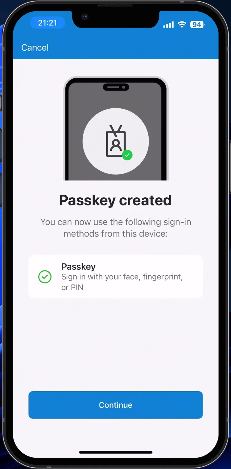 Microsoft Authenticator passkey registration result for a user eligible only for passkeys