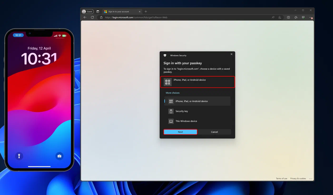 Windows prompt to select an iPhone, iPad, or Android device for passkey sign-in