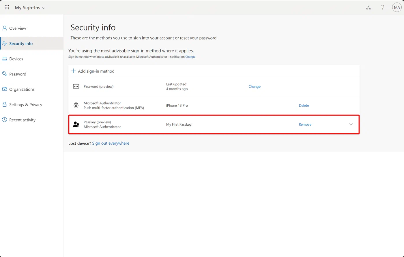 Completed Microsoft 365 passkey enrollment screen