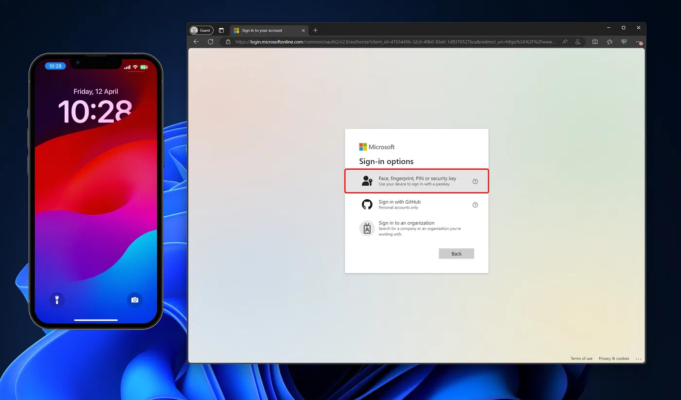 Windows passkey sign-in options showing biometric, PIN, and security key choices