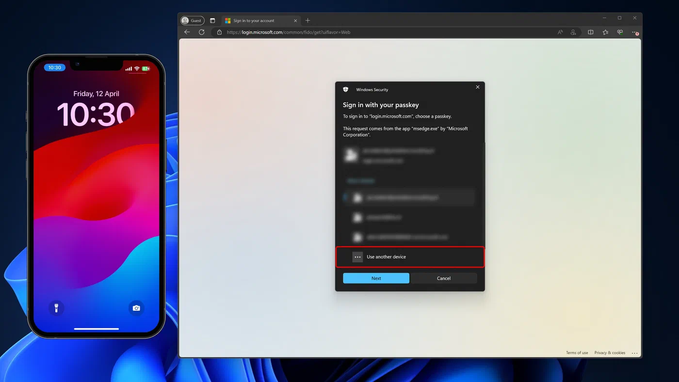 Windows passkey sign-in menu with the option to use another device
