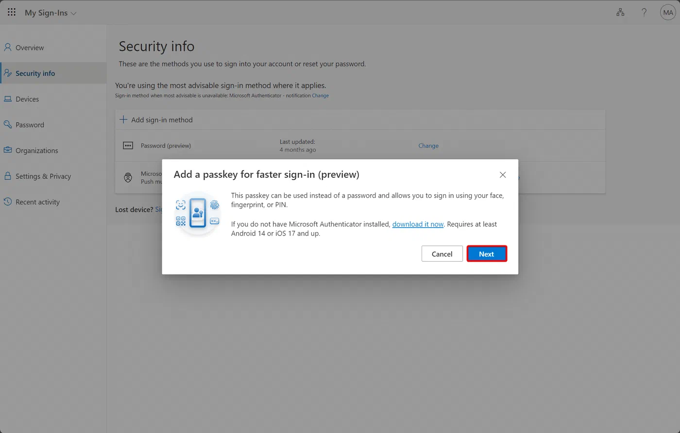 Prompt to continue passkey setup after updating Microsoft Authenticator