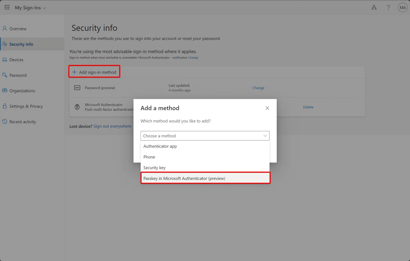 Sign-in methods page with the option to add a Microsoft Authenticator passkey