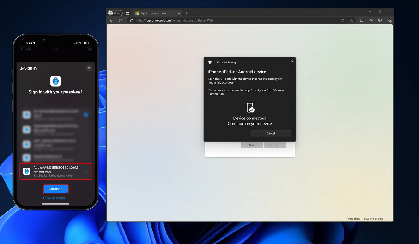 Windows prompt to continue with a passkey after connecting a phone over Bluetooth