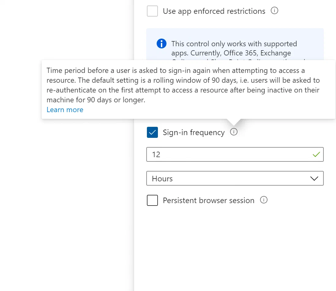 Conditional Access sign-in frequency settings