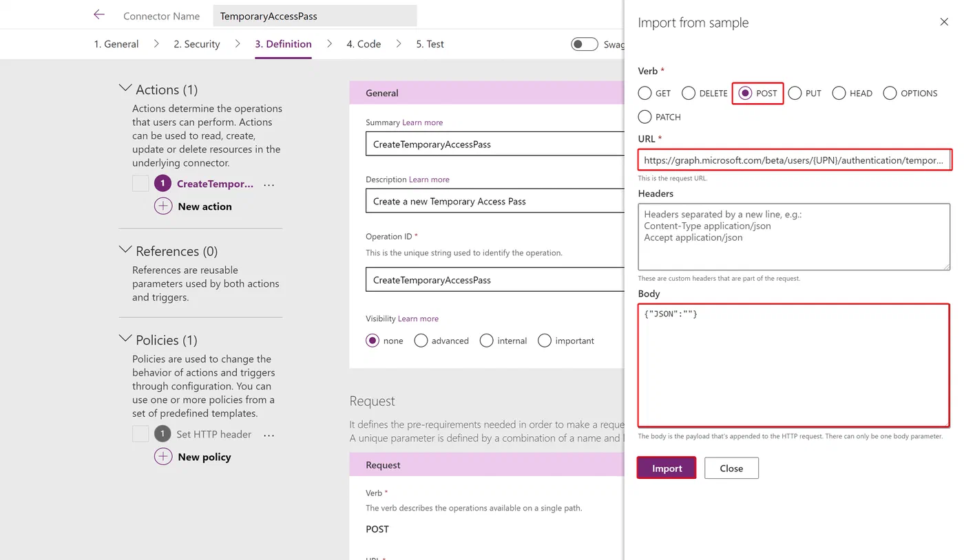 Custom connector action setup importing a Microsoft Graph request sample