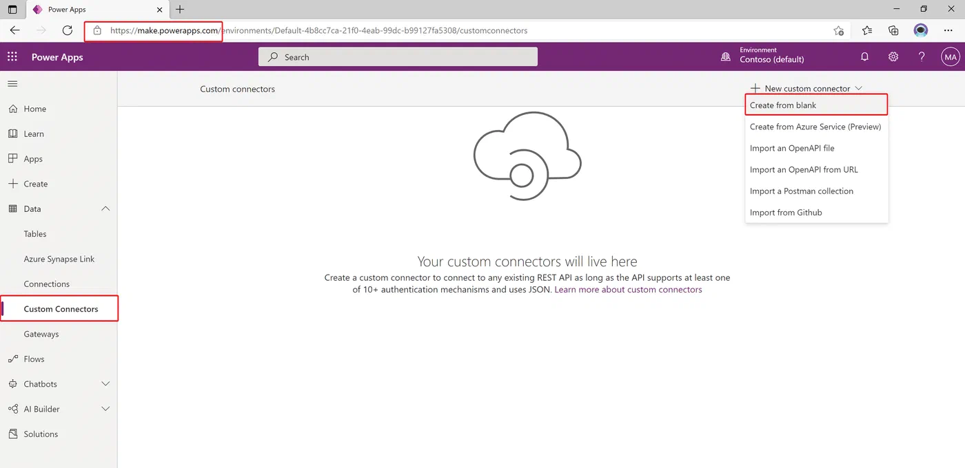 Power Apps: create a custom connector from a blank template