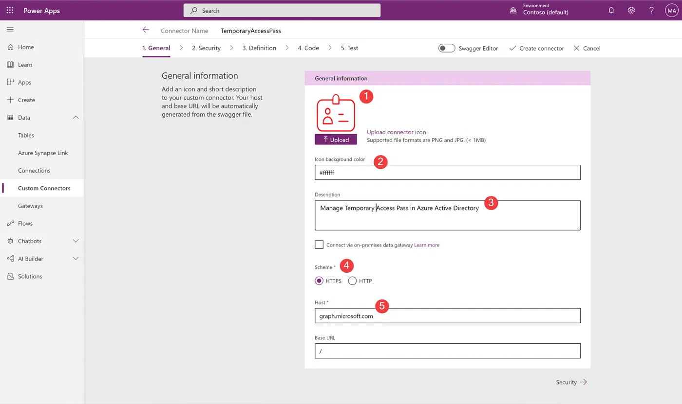 Power Apps custom connector setup with the Temporary Access Pass name
