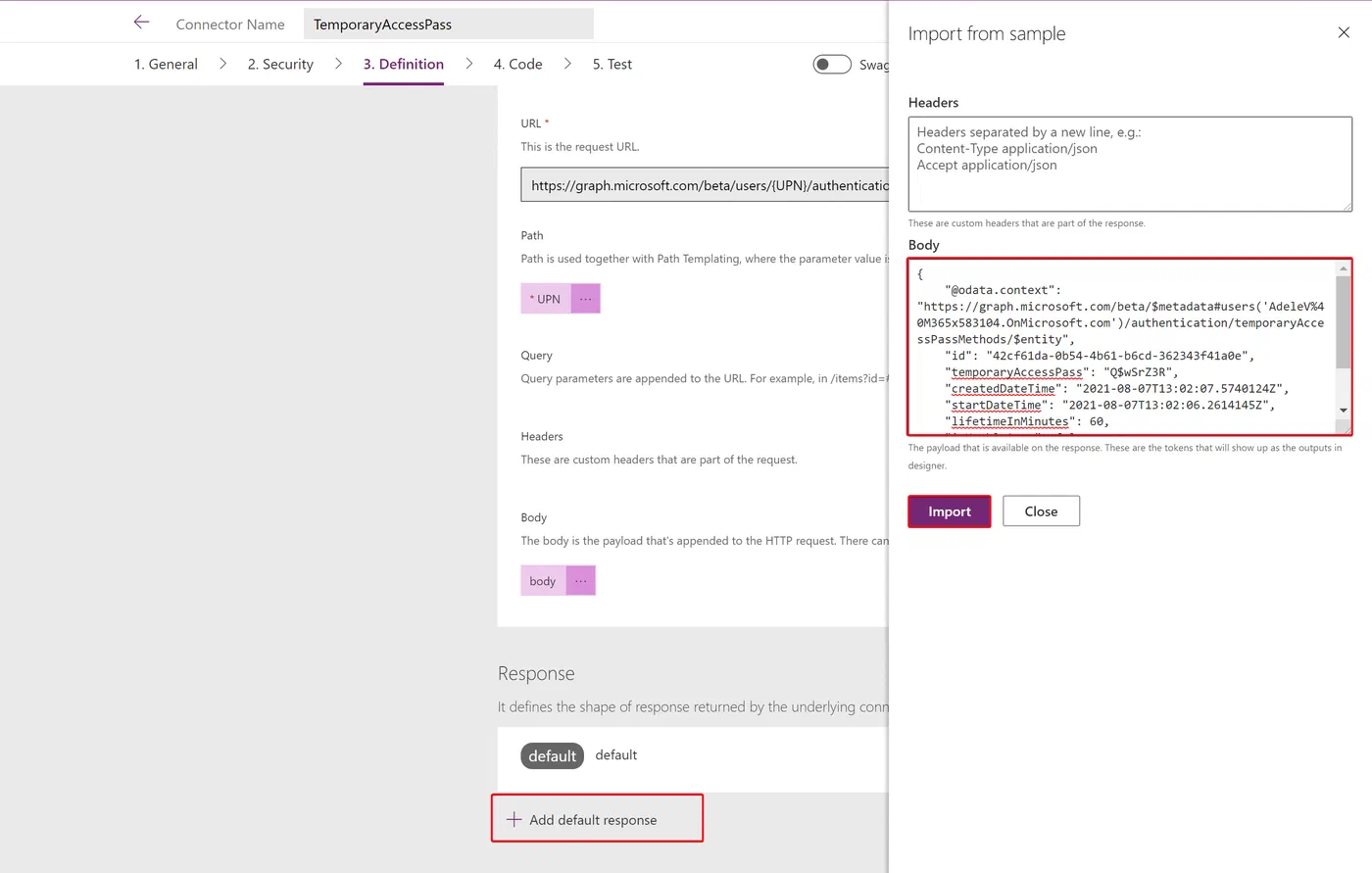 Custom connector default response schema for Temporary Access Pass creation