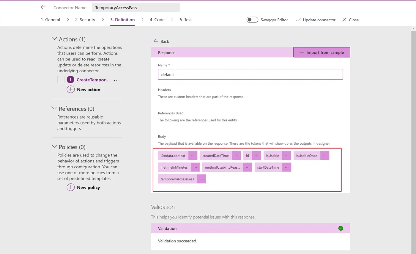 Custom connector response schema showing Temporary Access Pass properties
