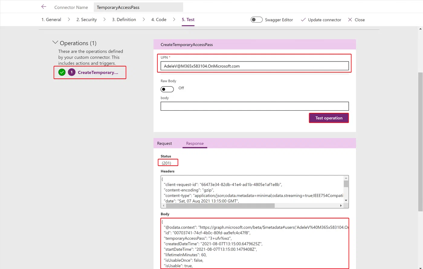 Successful connector test returning a Temporary Access Pass response