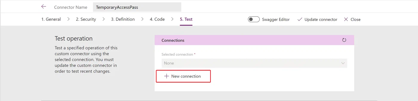 Power Apps custom connector test screen creating a new connection