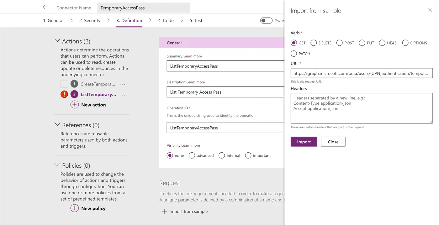 Custom connector action definition configured to list Temporary Access Passes