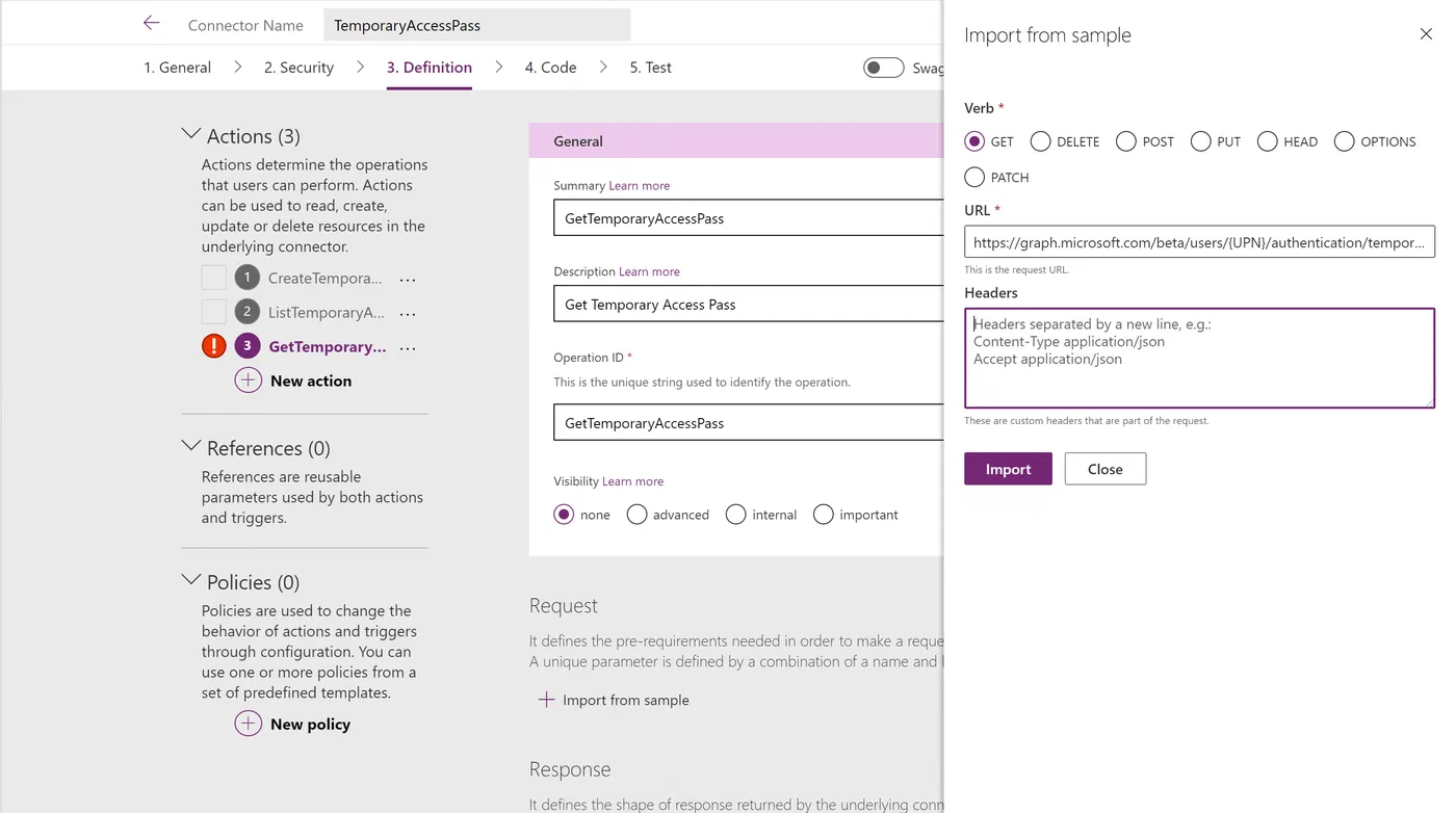 Custom connector action definition configured to retrieve a Temporary Access Pass