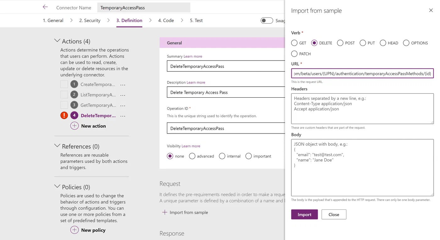 Custom connector action definition configured to delete a Temporary Access Pass