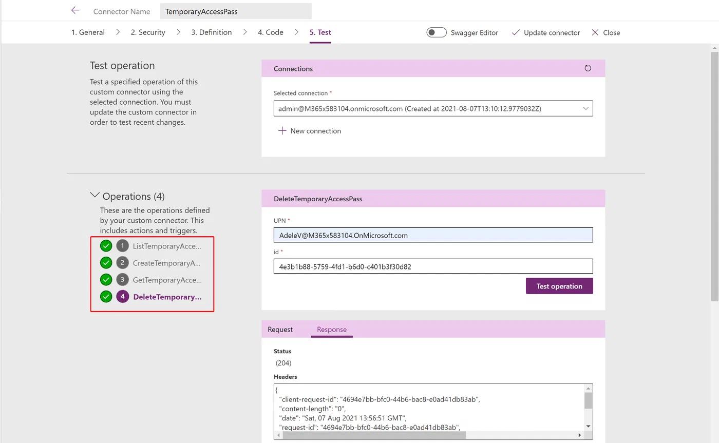 Power Apps connector test results for four pass management actions