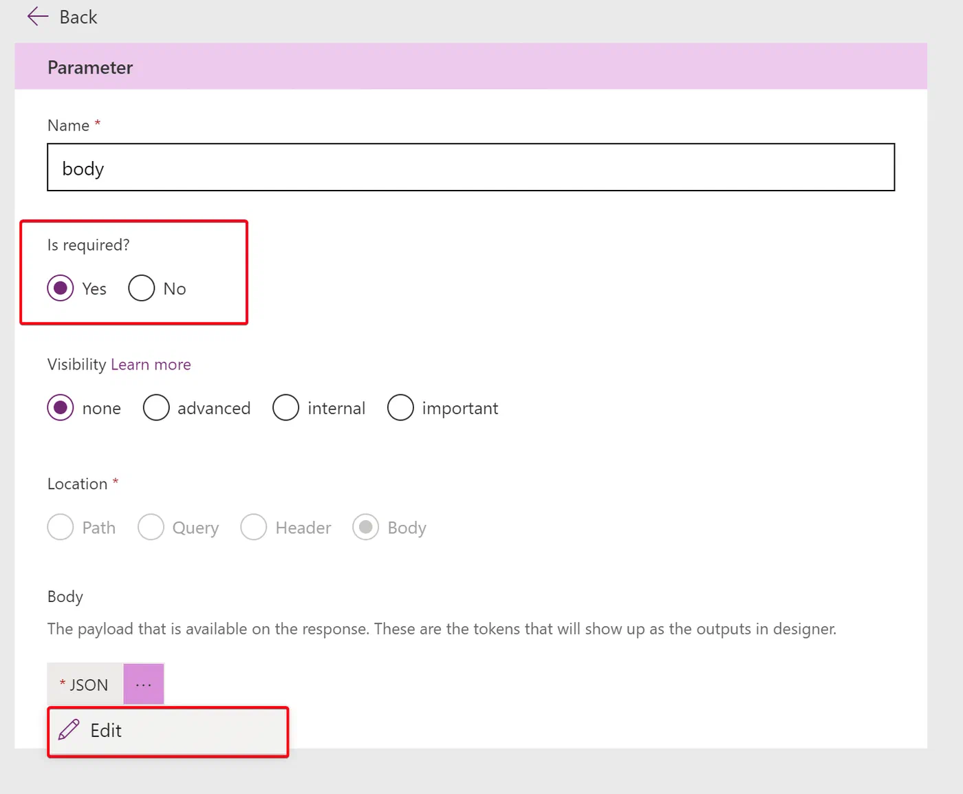 Custom connector body parameter with required setting and default JSON value