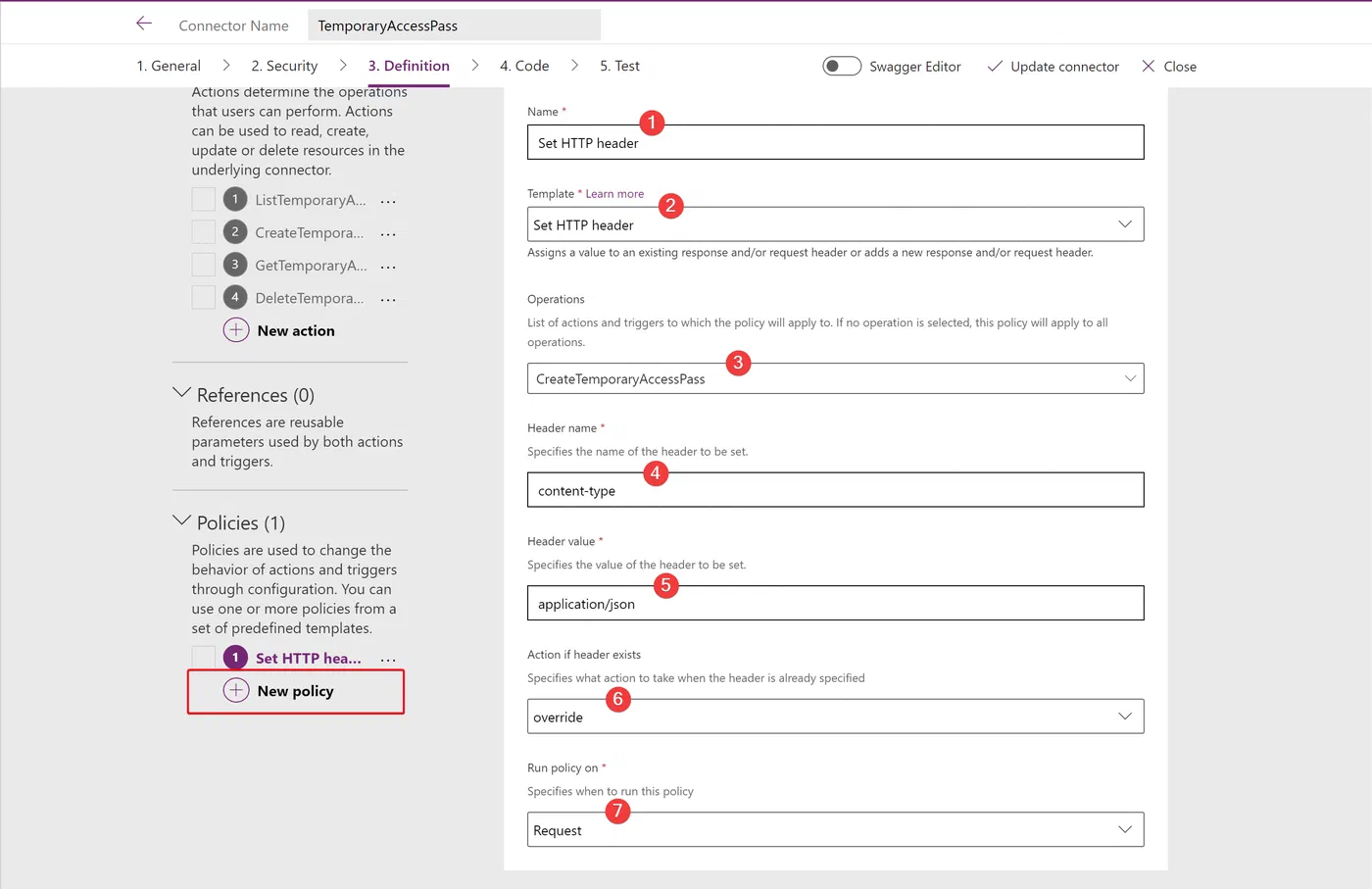 Custom connector HTTP header policy settings for the create pass action