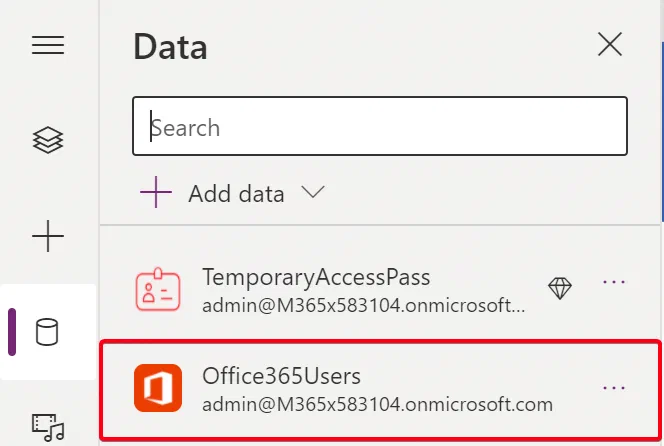 Power Apps data panel adding the Office 365 Users connector