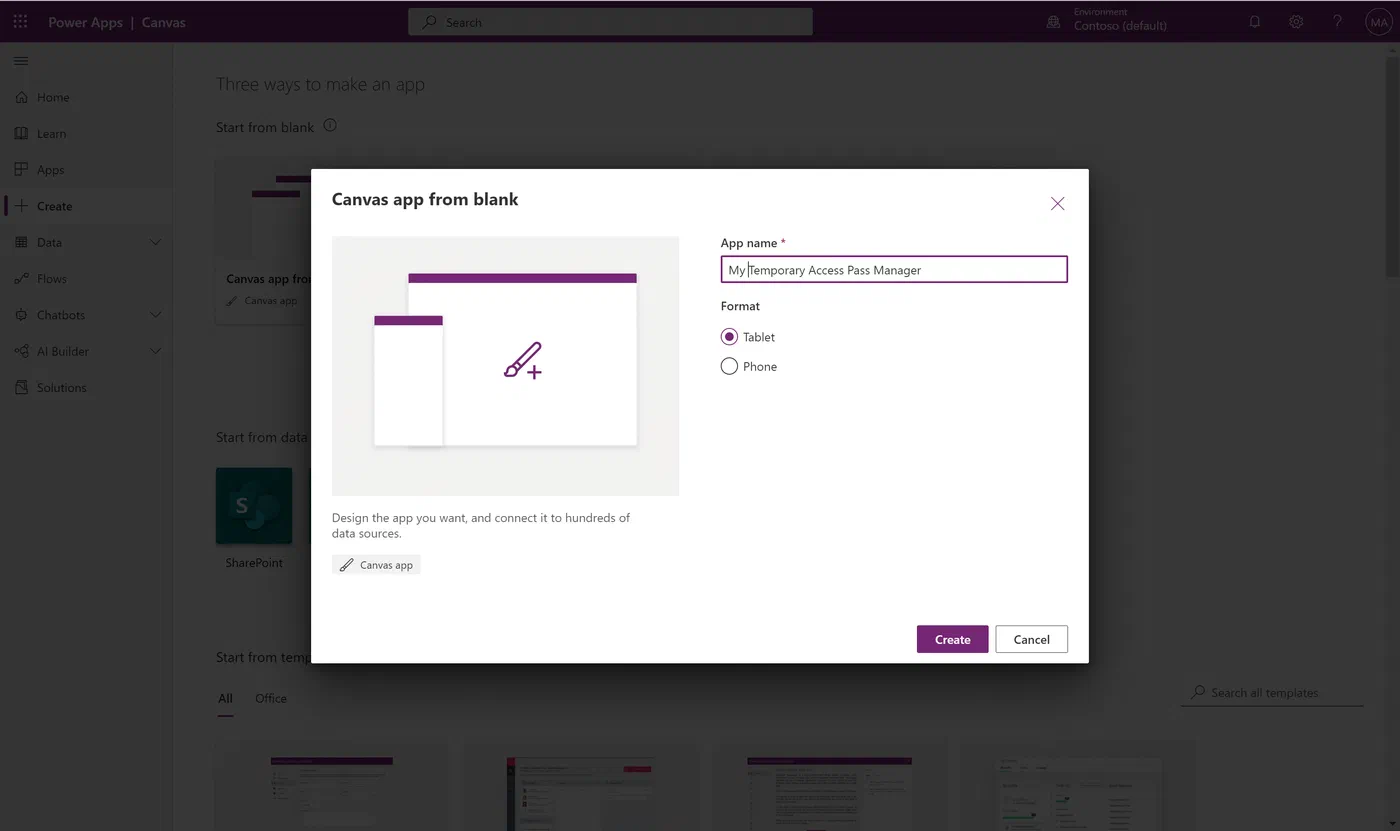 Power Apps canvas app creation screen with tablet layout selected