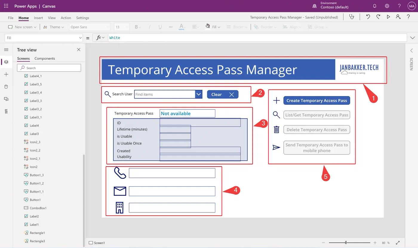 Power Apps app framework with five sections for pass management