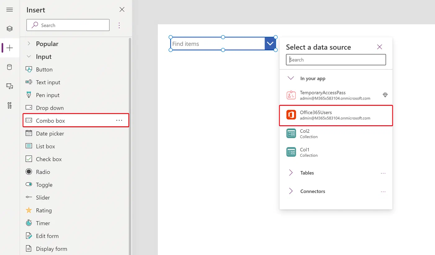 Power Apps user search section with a combobox and clear control