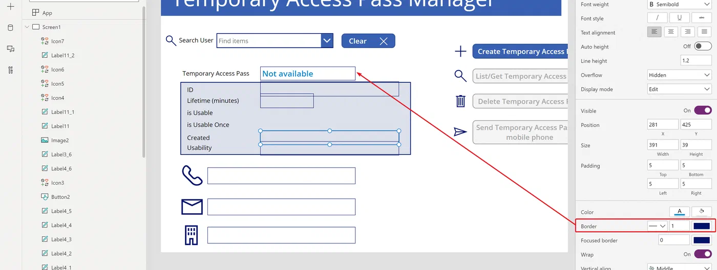 Temporary Access Pass information section with seven labeled fields