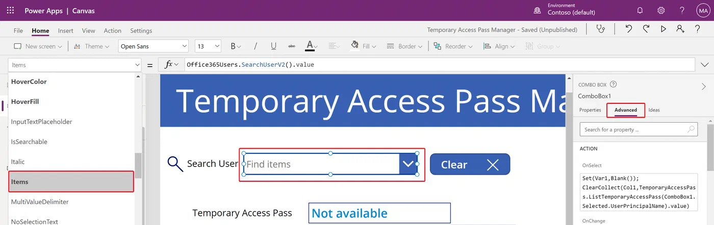 Power Apps combobox properties for searching and selecting a user