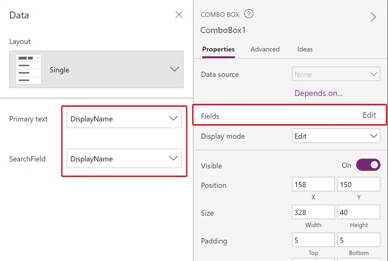 Power Apps combobox configuration displaying user names in search results