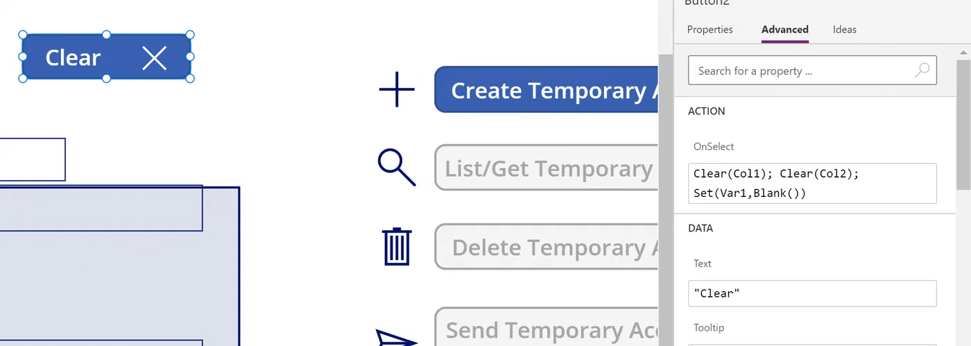 Power Apps clear button configured to reset pass data collections