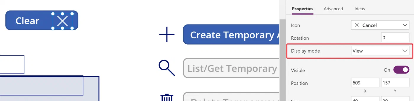 Power Apps clear icon configured in view only display mode