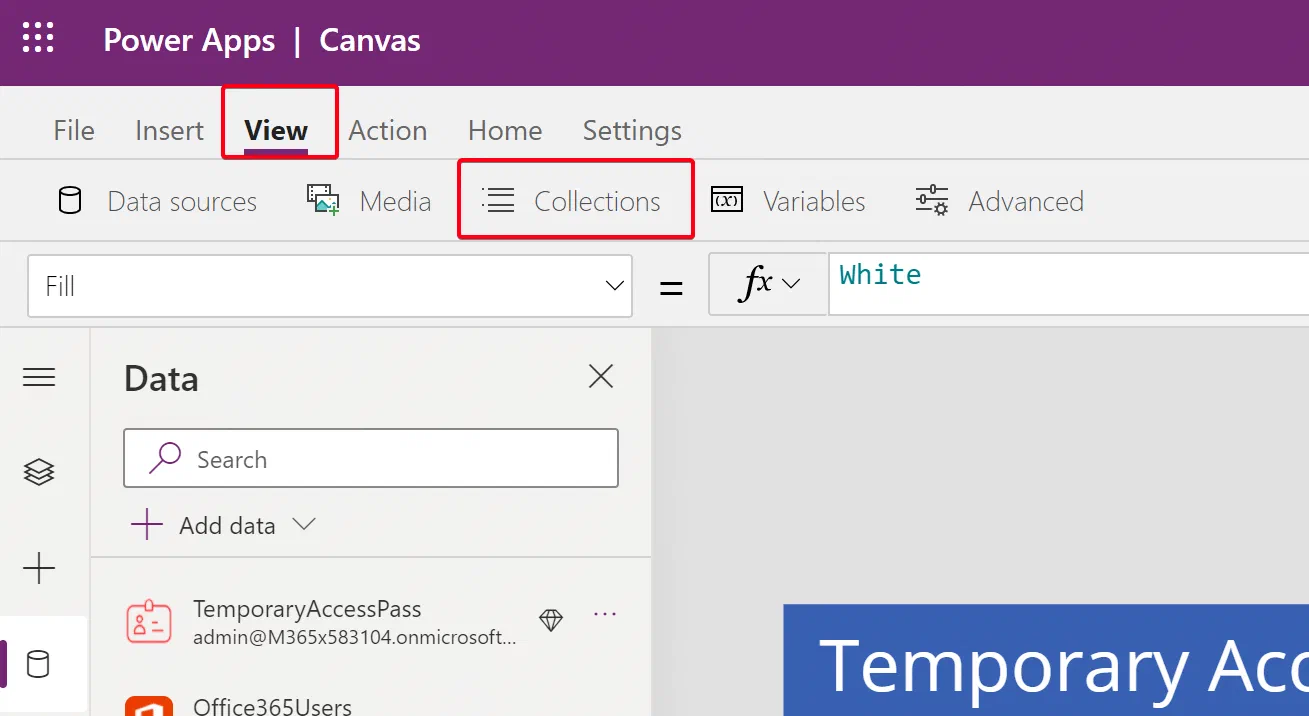 Power Apps collection panel showing selected user data and schema