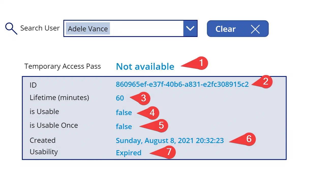Power Apps labels displaying Temporary Access Pass properties from a collection