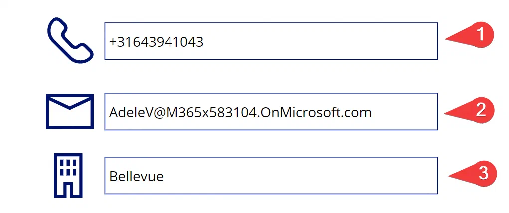 Power Apps user details section showing mobile number, email, and city